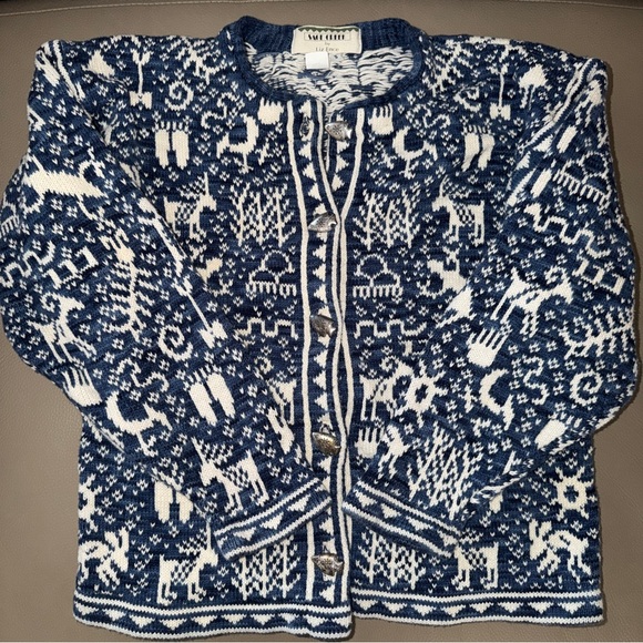 Sage Greek Liz Ence Blue/White Sweater sz S Celtic Paleolithic Arrowhead Buttons - Picture 10 of 16